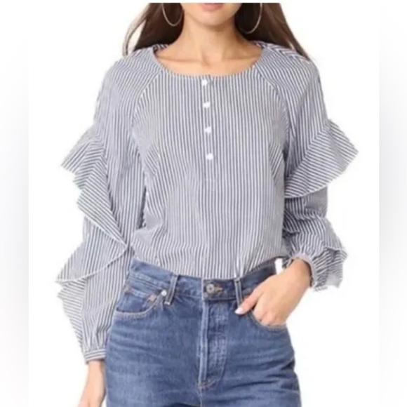NWT 7 For All Mankind Women's Navy White Striped Ruffled Blouse Top Size Small - Picture 1 of 5